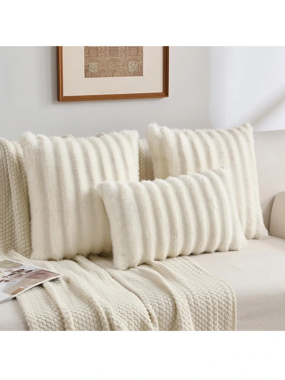 NWT Pack of 2 Faux Mink Fur Throw Pillow Covers 18x18 Inch, Cream White